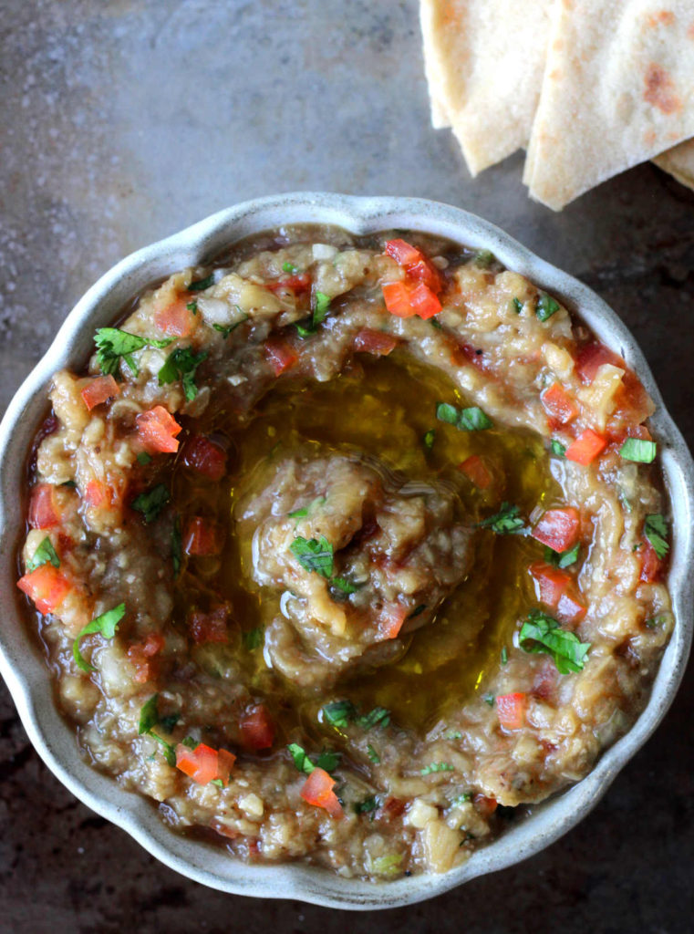 Roasted eggplant dip without tahini served with pita.
